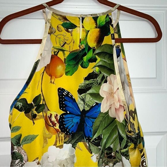 Roberto Cavalli Yellow Printed Silk Lace Detail Halter Floral Mix Print Top - Picture 12 of 15